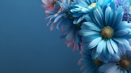 Close-up of vibrant blue and pink daisy flowers with detailed petals and green centers on blue background