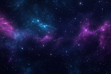 Naklejka premium Deep space scene showing vibrant purple and blue nebula clouds stretching across star filled cosmos, distant stars scattered throughout dark expanse, cosmic background for science themes