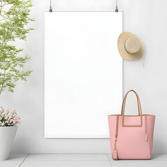 Minimalist interior wall with blank poster, straw hat, pink bag, potted plant, and simple decor