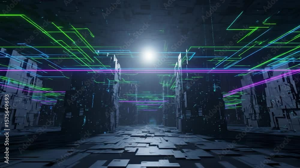 Aufkleber futuristic cyberpunk cityscape with glowing lines and abstract architectural structures
