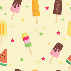 Cartoon seamless pattern   with colorful ice creams and stars. Summer Frozen Desserts in Flat Vector Style. Summer background. 