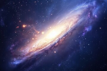 Fototapeta premium Spiral galaxy glowing with bright core surrounded by swirling arms of dust and stars, cosmic clouds and distant celestial bodies filling deep space background with vibrant colors