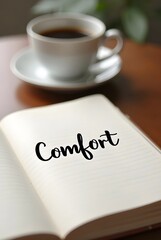 A warm cup of coffee rests beside an open notebook displaying the word Comfort, vertical composition. The calming image evokes feelings of peace and relaxation.