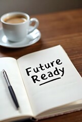 Planning for tomorrow, today. A notebook with the words Future Ready written inside, a pen and a cup of coffee, vertical composition.