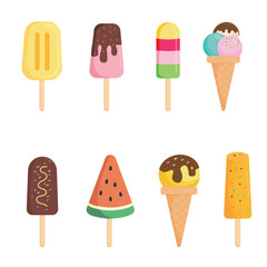 Colorful Ice Cream Set – Summer Frozen Desserts in Flat Vector Style. 