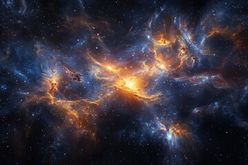 Fototapeta premium Deep space nebula emitting vibrant orange and blue clouds of gas and dust, glowing stars scattered throughout cosmic scene, swirling interstellar formations creating dynamic celestial landscape