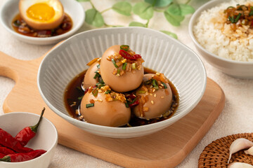 Korean Mayak Eggs in Soy Sauce with Garlic, Onion and Chili