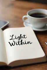 Inspirational words in a notebook, a cup of coffee nearby and a hint of a tablet a calming scene, vertical composition. Find your inner peace and discover the light within.