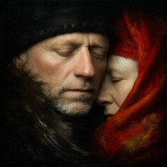 Close-up of a loving older couple in warm clothing with eyes closed, conveying intimacy and affection