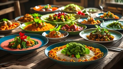 Obraz premium A Diverse Array of Exquisite and Colorful Vegan Dishes on a Rustic Wooden Table