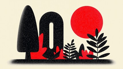 A modern graphic design featuring stylized black trees and plant silhouettes against a red sun on a grainy, off-white background. A concept for minimalist art, logos, and Japanese-inspired design