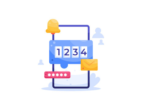 The concept of OTP or One Time Password. Verification code for account security. Illustration of a smartphone with a numeric code message notification for user verification. Flat design style