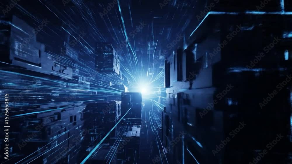 Poster futuristic digital tunnel with abstract structures and glowing light effects