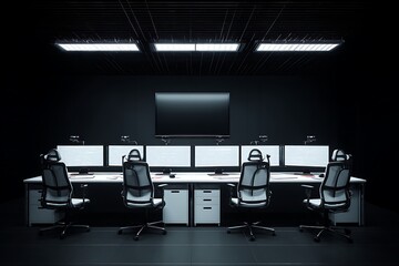 Modern control room with multiple computer screens and ergonomic chairs.