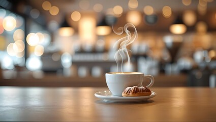 Fototapeta premium Aromatic delight: steaming coffee cup with pastry against blurred cafe backdrop