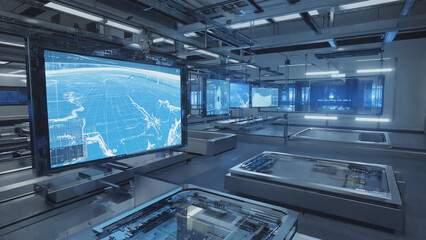 Obraz premium Futuristic Industrial Cleanroom with Large Data Visualization Screens
