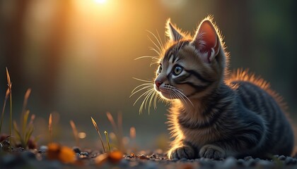 Obraz premium Kitten Looking Curious at Sunset Outdoor in Natural Light