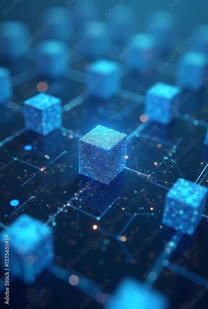 Poster abstract glowing blue cubes connected by lines, vertical composition. a digital network concept show