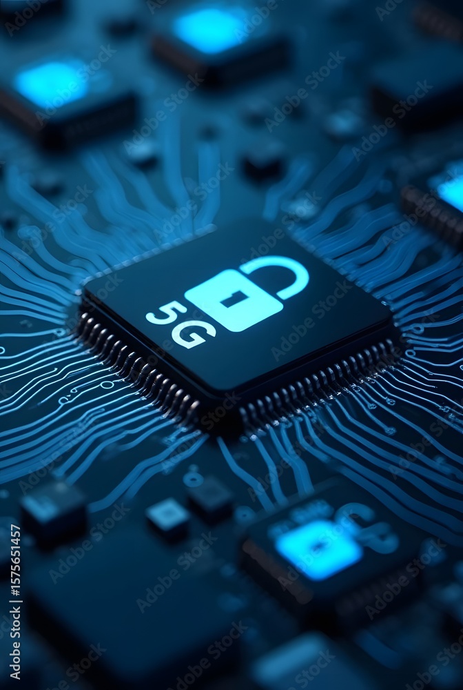 Poster secure 5g network technology, vertical composition. a closeup view of a circuit board with a glowing