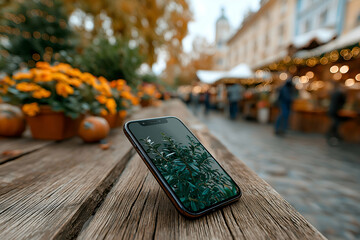 Smartphone Displaying Nature on Wooden Surface at Outdoor Marketplace, motion blur Business concept, motion bokeh background