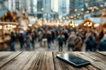 Smartphone on Wooden Table with Blurry Crowd and Lights in Background, motion blur Business concept, motion bokeh background