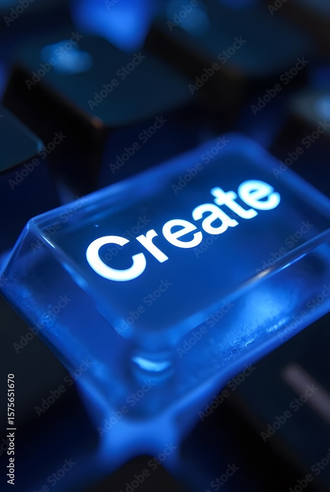 Poster a glowing blue keyboard key with the word create illuminated, vertical composition. this striking cl