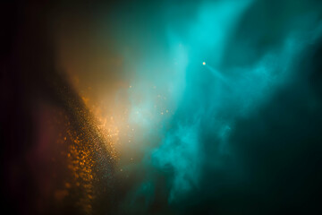 Abstract Teal and Gold Dust Cloud with Light Beam Radiating Outward, motion blur Business concept, motion bokeh background