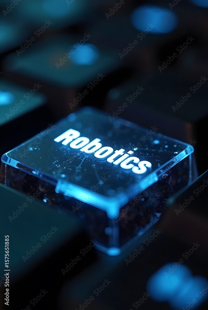 Poster glowing blue key with the word robotics, vertical composition. a futuristic concept showcasing techn