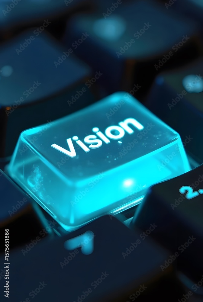 Poster a glowing blue keyboard key reads vision, vertical composition. this striking image offers a compell