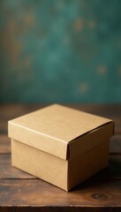 Compact brown cardboard box on wooden surface , background, old