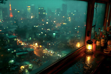 Lantern Glowing on Rainy Night with City Skyline View Indoors, motion blur Business concept, motion bokeh background