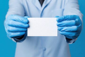 Healthcare fraud legal system  concept. A person in a lab coat holds a blank card with blue gloves on against a blue background.