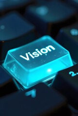 A glowing blue keyboard key reads Vision, vertical composition. This striking image offers a compelling visual metaphor for innovative ideas and technological advancement.