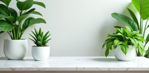 Elegant white marble tabletop with lush potted plants; ample copy space, table, empty, background