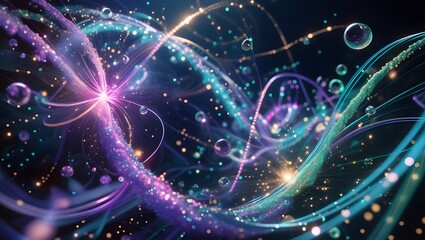 Obraz premium Abstract energy streams with vibrant colors and floating spheres on dark backdrop