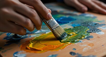 Fototapeta premium Close-up of Artist's Hand Mixing Paints on a Wooden Palette with Brush, Art Studio Photography