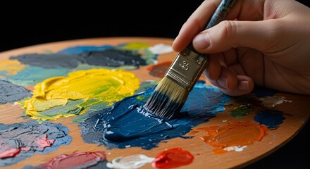 Obraz premium Close-up of Artist's Hand Mixing Vibrant Oil Paints on Wooden Palette with Paintbrush