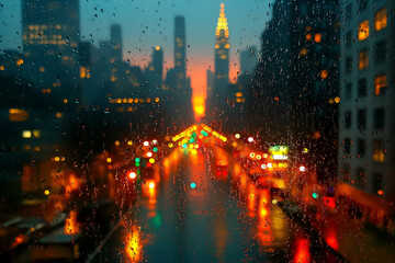 Rainy Cityscape View Through Window with Bokeh Lights at Sunset, motion blur Business concept, motion bokeh background