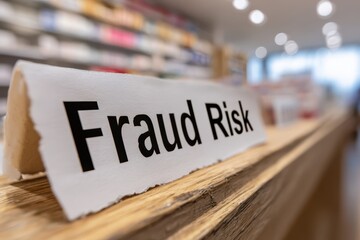 Healthcare fraud legal system  concept. Sign indicating "Fraud Risk" in a blurred background of a workspace.