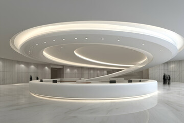 Modern Lobby Interior Featuring a Circular Reception Desk and Elegant Lighting, motion blur Business concept, motion bokeh background