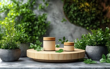 Wooden Jars on a Wooden Platform Surrounded by Lush Greenery, Na