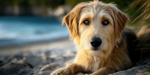 Beautiful golden retriever mix relaxing by the beach during sunset at a serene coastal location