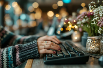 Hands Typing on Keyboard with Flower Bouquet and Bokeh Background, motion blur Business concept, motion bokeh background