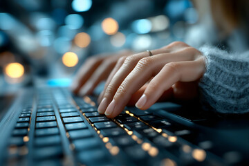 Typing on Laptop Keyboard Close Up Focus with Bokeh Background, motion blur Business concept, motion bokeh background