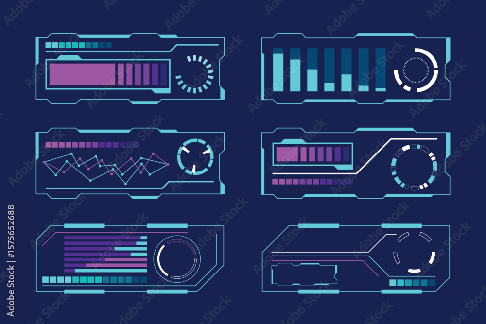 Poster futuristic data hud interface elements vector illustration set