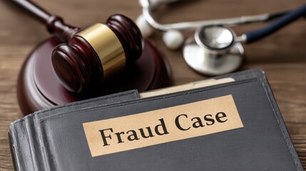 Healthcare fraud legal system  concept. Legal concepts represented by a gavel, stethoscope, and fraud case file on a wooden surface.