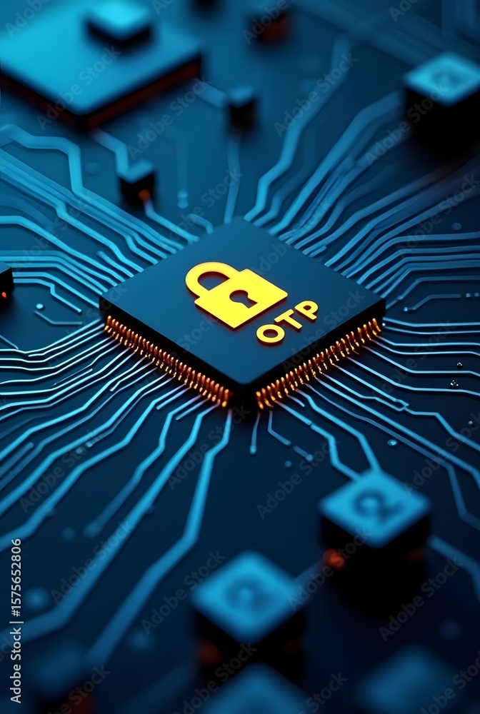 Poster cybersecurity otp authentication and a glowing padlock on a circuit board, vertical composition. hig