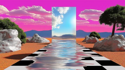 A vaporwave-style digital artwork of a bizarre desert with a pink sky, where a reflective checkerboard path leads to a portal showing a realistic blue sky. A concept for dreams and alternate realities
