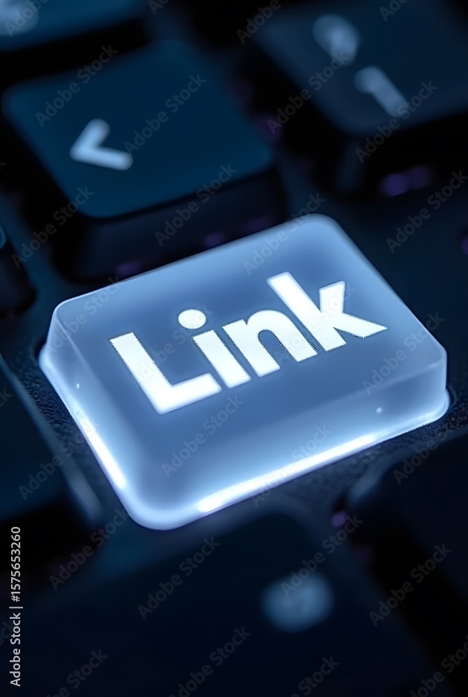 Poster glowing link button on a dark keyboard, vertical composition. a closeup shot showcasing digital conn