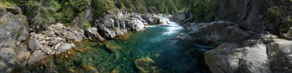 Flowing mountain river panorama 360 degrees hdr nature scene in tranquil wilderness